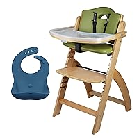 Abiie Beyond Junior Natural Wood/Olive Cushion Convertible 3-in-1 Wooden High Chairs for 6 Months to 250 lbs, and Ruby Wrapp Space Blue Waterproof Silicone Bibs with Front Pocket - Baby Essentials