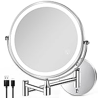 8.5 Inch Rechargeable Wall Mounted Lighted Makeup Mirror, Double-Sided 1X/10X LED Magnifying Vanity Mirror with Lights, 3 Color Lights Touch Screen Dimmable 360°Swivel 18 Inch Extendable - Chrome