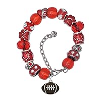 Silvertone Large Enamel Football - Red Paw Print Bead Bracelet, 7