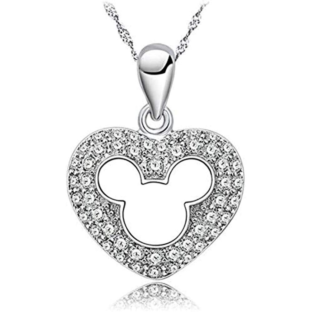 Round Cut Cubic Zirconia Mickey Mouse in Heart Pendant Necklace For Women's Girl's Gift 14K White Gold Plated 925 Sterling Silver
