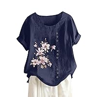 Summer Sets for Women 2024 Cotton Linen Summer Womens Tops Tees Blouses Plus Size Casual Lightweight T Shirts 2024 Trendy Lady Shirts (S-5Xl) Navy 4X-Large