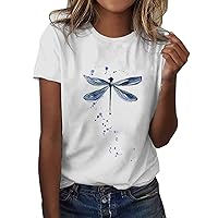 Womens Summer Printed T-Shirt Funny Cute Dragon-Fly Graphic Printed Tee Shirts Casual O Neck Vintage Graphic Tees Tops