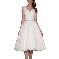 Lorderqueen Tea Length V Neck Lace Wedding Dress Bride Party Gowns