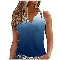 Womens V Neck Button Down Tank Tops Gradient Color Printed Casual Sleeveless Henley Shirts Summer Tunic Tees