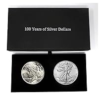 1924 - Peace and 2024 Silver Eagle - 100 Year Silver Dollar Set in Deluxe Holders Dollar Seller Circulated, Uncirculated