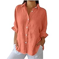 Cotton Linen Shirts for Women Summer Casual 3/4 Sleeve Loose Blouse Tees Button Down Lapel Tops Fashion Tie Back Sexy Tshirt