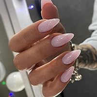 Nude Pink Glossy Press on Nails Almond,KXAMELIE Glue on Nails Medium Length Almond Shaped,Stick on Nails for Women and Girls Daily Wear in 24PCS
