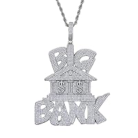 Iced Out Big Bank Pendant 18K Gold Plated Cubic Zirconia Necklace Hip Hop with Stainless Steel Chain