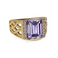 10K 14K 18K Solid Gold 4 Carat Amethyst Rings for Men Emerald Cut Amethyst Engagement Promise Rings for Men Gift for Birthday Anniversary Christmas Fathers Day