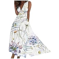 Lenago Spring Dresses for Women 2024 Summer Sleeveless Elegant Wrap V Neck Maxi Dress Floral Print Flowy Beach Sundresses