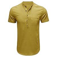 Men's Casual Cotton Linen Short Sleeve Summer Lightweight Beach Tops Plain Button Up Pockets T Shirt (Yellow,Medium)