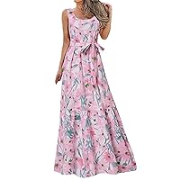 White Summer Dress with Sleeves,Summer Dresses for Women with Floral Print Sleeveless Long Dress Casual Elegant