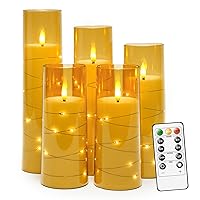 Flickering Flameless LED Candles,Battery Operated Candles 5 Pcs with Embedded Star String,Acrylic LED Pillar Candles with Remote,Suitable for Home Decoration to Create an Atmosphere（Gold）