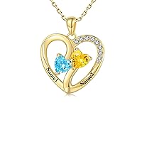 MRENITE 10K/14K/18K Solid Gold Personalized Mom Necklace with 1-4 Birthstone Customized Name Heart Necklace Engraved Names for Mom Wife