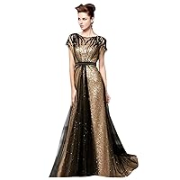 Tulle Glitz Gold Sequin Pleat Evening Dress with Sleeve