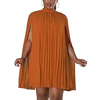 Women’s Casual Cape Sleeve Pleated Split Short Dress Loose Fit Cocktail Party Flowy Dress