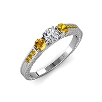 Diamond and Citrine Milgrain Work 3 Stone Ring with Side Citrine 0.84 ct tw in 14K White Gold