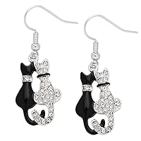 Black & White Cat Fashionable Earrings - Sparkling Crystal - Hand Painted - Fish Hook - Unique Gift and Souvenir