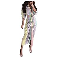 XJYIOEWT Wedding Guest Dresses for Women Short Summer,Print Waist Dress and Button Women's with Belted Casual Sleeves Dr