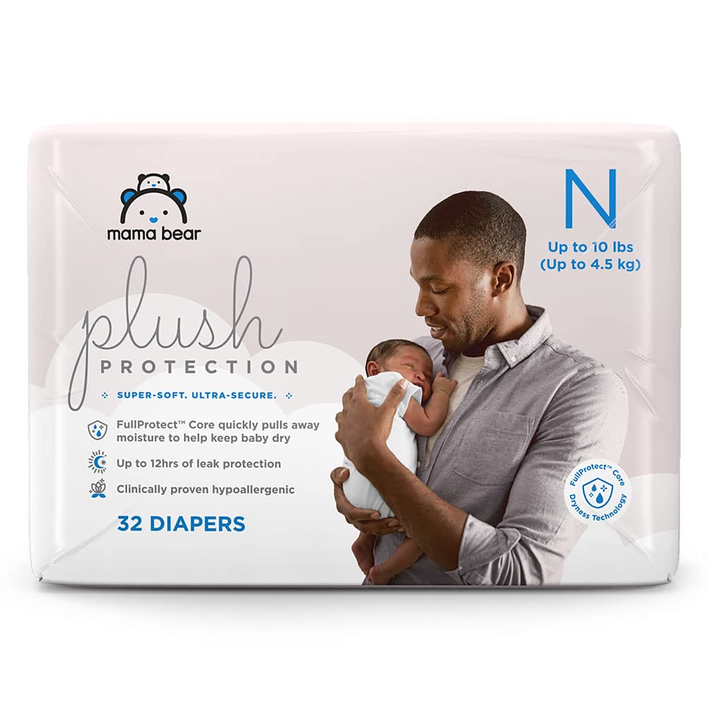 Amazon Brand - Mama Bear Plush Protection Diapers, Hypoallergenic, Size Newborn, 32 Count, White and Cloud Dreams