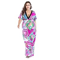 Women Plus Size Boho Maxi Dress,V-Neck Half Sleeve Empire Waist Loose Beach Cover Up Printed Midi Dress