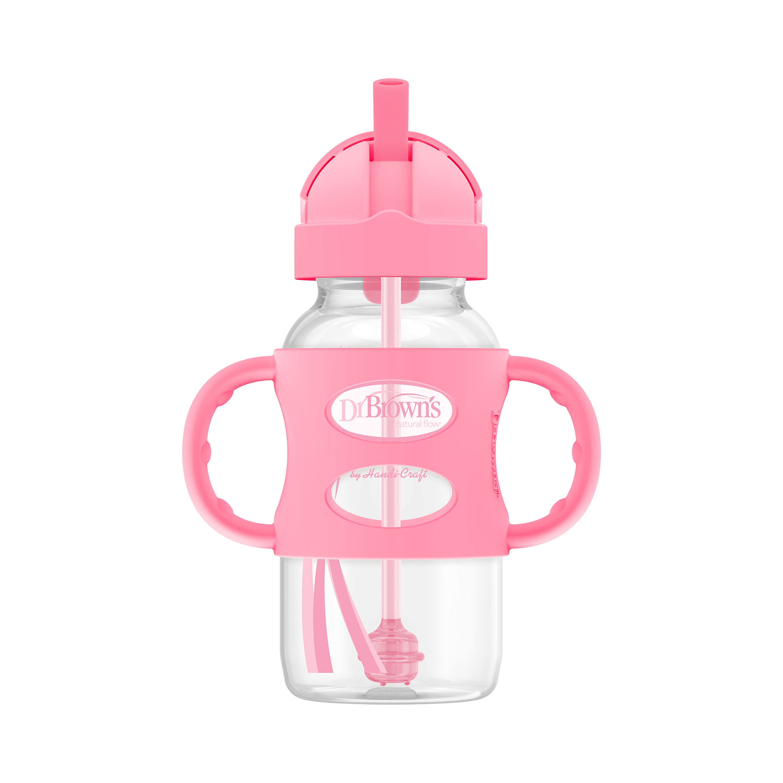 Dr. Brown’s® Milestones™ Wide-Neck Sippy Straw Bottle with 100% Silicone Handles, 9oz/270mL, Pink, 1 Pack, 6m+