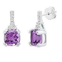 Dazzlingrock Collection 6 MM Each Cushion Gemstone & Round White Diamond Ladies Halo Drop Earrings, Sterling Silver