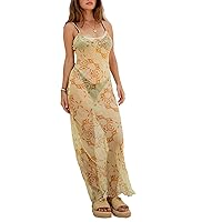 Women’s Floral Mesh Maxi Dress Sleeveless Spaghetti Strap Backless High Split Long Dress See Through Summer Dress