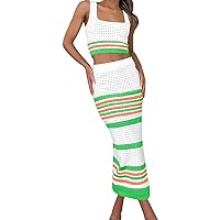Easter Dress for Women,2023 Summer Women's Clothing New Square Striped Hollow Suit Short Vest Slit Long Skirt F