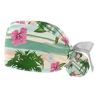 2 Pcs Working Caps with Buttons and Ribbon Tie, Vintage Floral Patterns Bouffant Hats Scrub Caps Women Long Hair