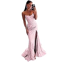 Mermaid Sparkly Lace Prom Dresses for Women 2024 Ruched Tulle Long Corset Evening Dress Formal Gown with Slit