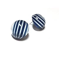 Blue Stud Earrings | Navy Blue Striped Retro Button Studs Earrings | nautical preppy vintage lucite posts