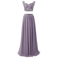 Women's Illusion Lace Embroidery Prom Dress Long 2 Piece Evening Gown Formal