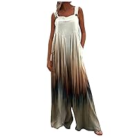 HTHLVMD Women's Casual Loose Sleeveless Printed Tank Jumpsuits Square Collar Smocked Wide Leg Jumpsuit Rompers with Pockets