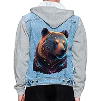 Bear Men's Denim Jacket - Animal Graphic Jacket With Fleece Hoodie - Graphic Jacket for Men