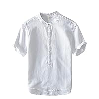 Casual Cotton and Linen Stand Collar Short-Sleeved Shirt