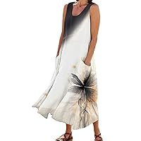 Women's 2024 Summer Sundresses Sleeveless Scoop Neck Striped Flowy Beach Vacation Party Long Tank Maxi Dresses