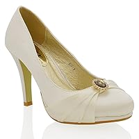 Womens Stiletto Heel Shoes Slip On Platform Bridal Satin Brooch Court Shoes