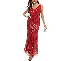 Women's V-Neck Sequins Evening Party Dresses Sexy Spaghetti Strap Backless Bodycon Dress Bridesmaid Maxi Dress