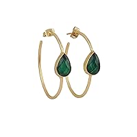 Gold Plated Brass Gemstone Green Emerald Hydro Pear Shape Hoop Earring Jewelry