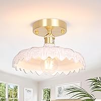 Semi Flush Mount Ceiling Light, Gold Hallway Vintage Lights Fixture Ceiling with White Flower Glass, Bulb Included, 4.72