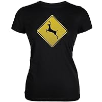 Deer Crossing Sign Black Juniors Soft T-Shirt