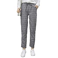 Andongnywell Loose Waist Ladies Pencil Loose Cotton Linen Trousers Plaid Casual Harlan Pants Trousers