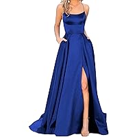 Women's Satin Prom Dresses Long Ball Gown with Slit Backless Spaghetti Straps Halter Formal Evening Party Dress (Royal Blue,16 Plus,US,Numeric,16,Regular,Regular)