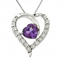 Heart Cut Created Amethyst & 0.05 CT Diamond Heart Pendant Necklace 14K White Gold Over