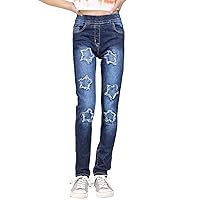 Girls Denim Jeans Comfort Stretchy Jeggings Stars Ripped Pants Dark Blue Trendy Fashion Jeans 5-13 Years
