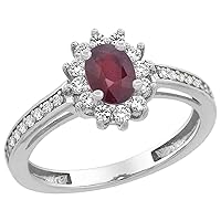 PIERA 14K White Gold Enhanced Ruby Flower Halo Ring Oval 6x4mm Diamond Accents, sizes 5-10