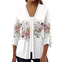 YUTANRAL Womens Summer Tops Floral Printed Lightweight Cardigan Casual Loose 3/4 Sleeve Tops Plus Size Kimonos Cover Ups
