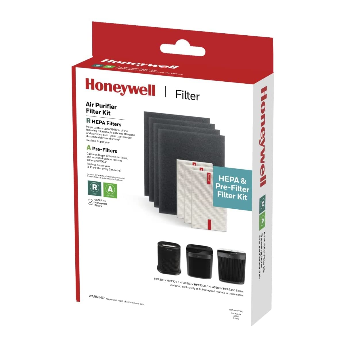 Honeywell HEPA Air Purifier Filter Kit – Includes 3 HEPA R Replacement Filters and 4 A Carbon Pre-Cut Pre-Filters – Airborne Allergen Air Filter Targets Wildfire/Smoke, Pollen, Pet Dander, and Dust