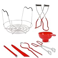 Canning Supplies Starter Kit, 304 Stainless Steel Canning Set Tools: Rack, Canning Funnel, Jar Lifter, Wrench, Tongs, Lid Lifter, Bubble Popper - Red 7 Piece